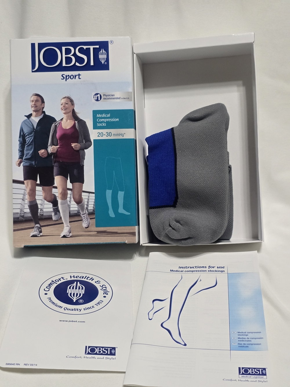 New JOBST Sport Gray Athletic Compression Socks with Blue Accent Small 20-30mmHg